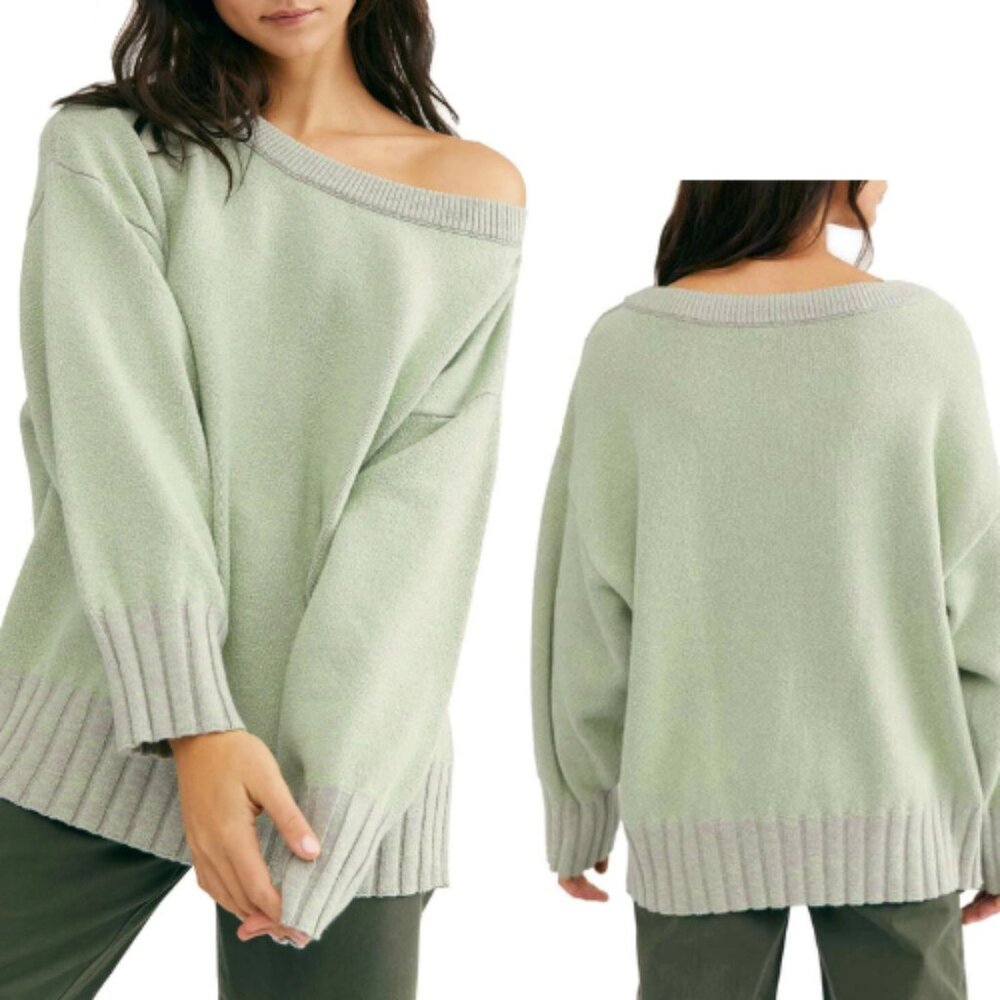 NWT Free People SAMPLE Street Fair Tunic Sweater in Lime Gray Combo Size Small